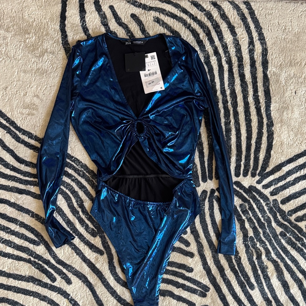 Zara Metallic Blue Long Sleeve Bodysuit